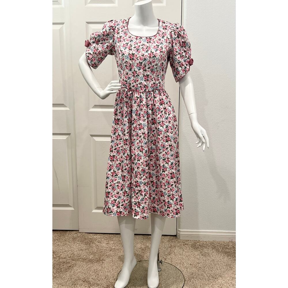 Vintage Lanz Originals 1980’s Puff Sleeve Floral Rose Summer Dress USA S/M